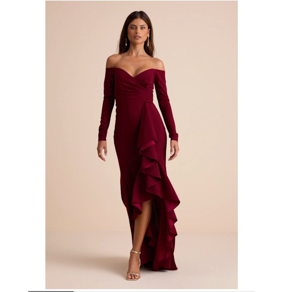 Lulus Notorious Perfection Wine Off-the-Shoulder Ruffled Maxi Dress